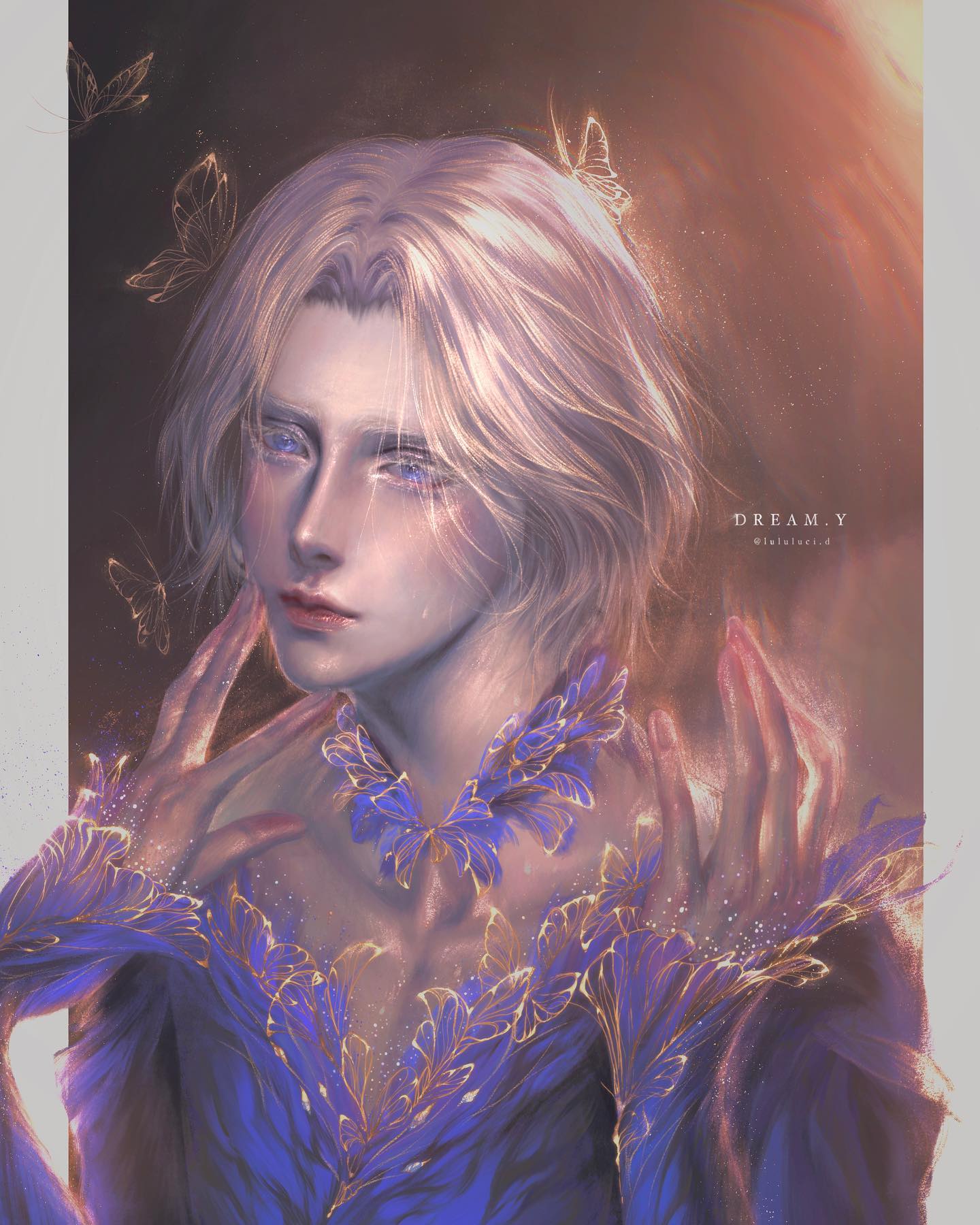 the image depicts a young man with flowing white hair and piercing blue eyes. he is dressed in an elaborate blue and gold outfit reminiscent of a fantastical costume, adorned with shimmering, almost translucent, butterflylike embellishments. his expression is melancholic, with tears faintly visible on his cheeks. he delicately holds his hands up, as if reaching out or sensing something beyond the frame. the background is a soft blend of warm oranges and yellows, evoking a celestial sunset or sunrise. several butterflies in shades of orange and yellow flutter around him, adding to the overall ethereal and dreamlike atmosphere.