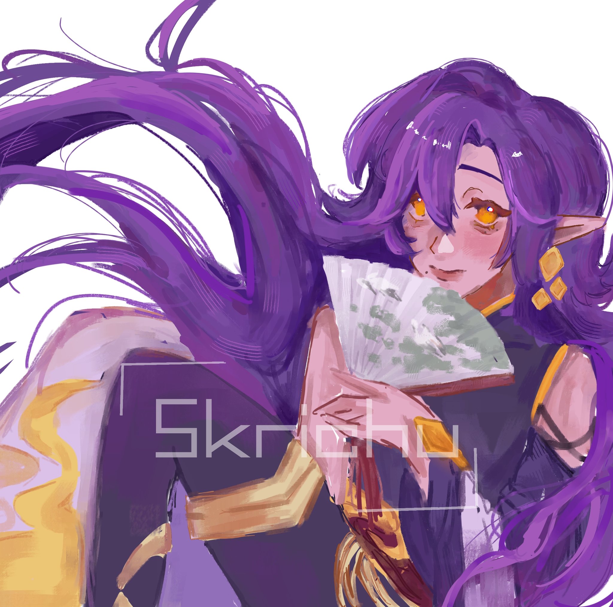 an anime girl with long purple hair is holding a fan. she is wearing a purple and gold outfit. she has a gentle and elegant expression on her face.  the artwork is made with bright colors, and the girl is the main focus of the image.