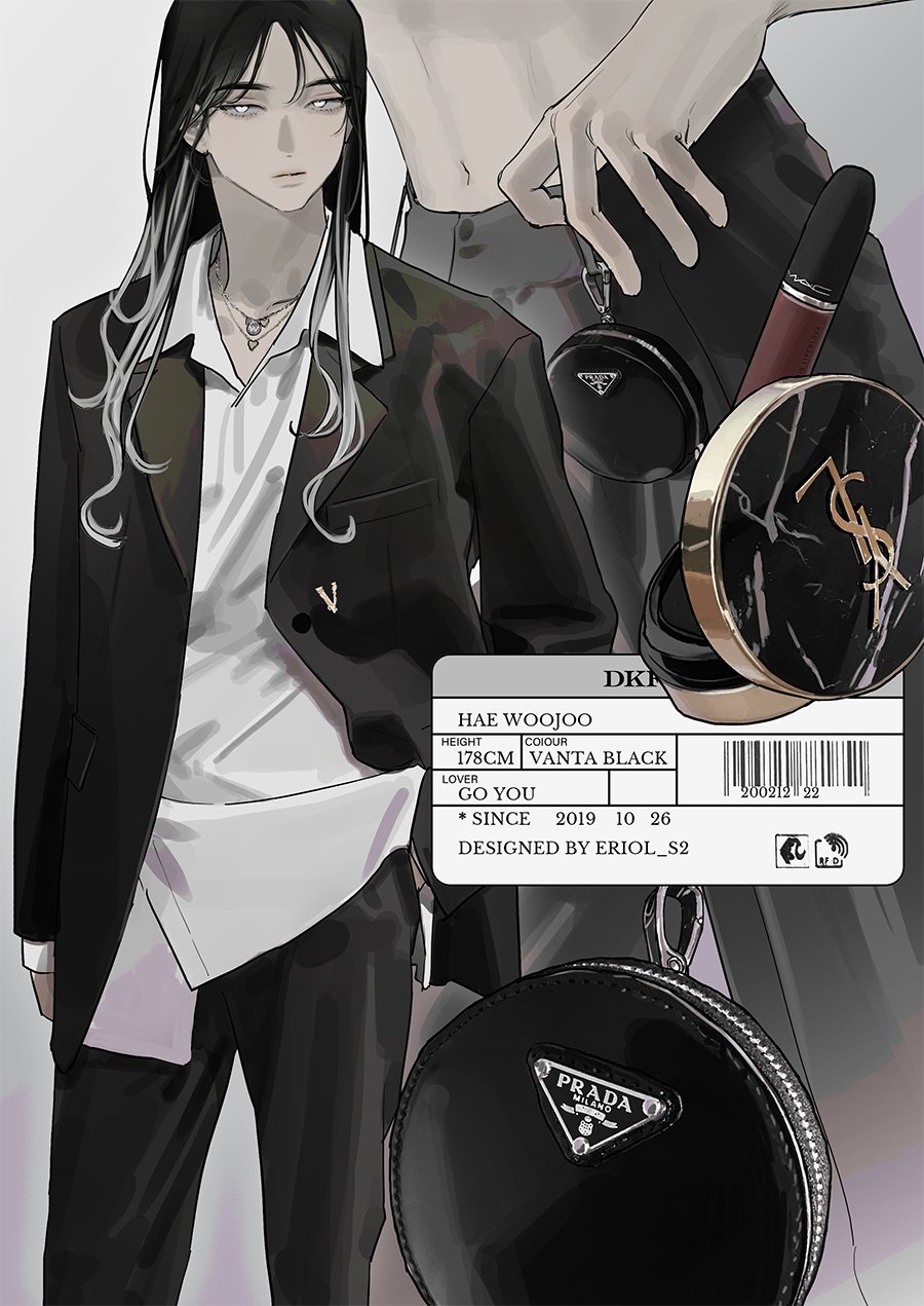 he image is a fashion illustration in anime style featuring a male character named hae woojoo.  he is depicted wearing a sharp black suit and has long, dark hair. the illustration showcases various luxury brand accessories, including a prada bag and ysl cosmetics, emphasizing a sleek and sophisticated aesthetic. the grayscale color palette enhances the mood of the piece, with a detailed and elegant rendering of both the character and the accessories.  information about the character's details (height, color, lover, date) are included in a label within the image, along with the designer's name (eriol_s2).