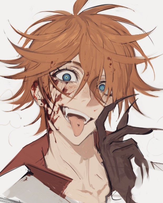 the image is a closeup digital drawing of an animestyle boy with vibrant orange hair.  he has visible injuries and bloodstains on his face, giving a sense of violence or chaos. his expression is a wide, unsettling grin with his tongue sticking out.  one hand is darkly gloved, and the pose suggests a playful yet sinister demeanor. the art style is painterly and slightly rough, contributing to the overall unsettling yet captivating aesthetic. the background is plain white, drawing all attention to the character.