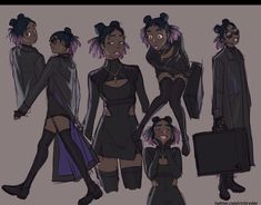 a digital illustration of a dark skin woman in different poses. she has on a black dress and thigh high boots and is wearing a black choker and earrings. there is a small black briefcase beside her. she has her hair styled in cornrows that are colored purple at the ends.