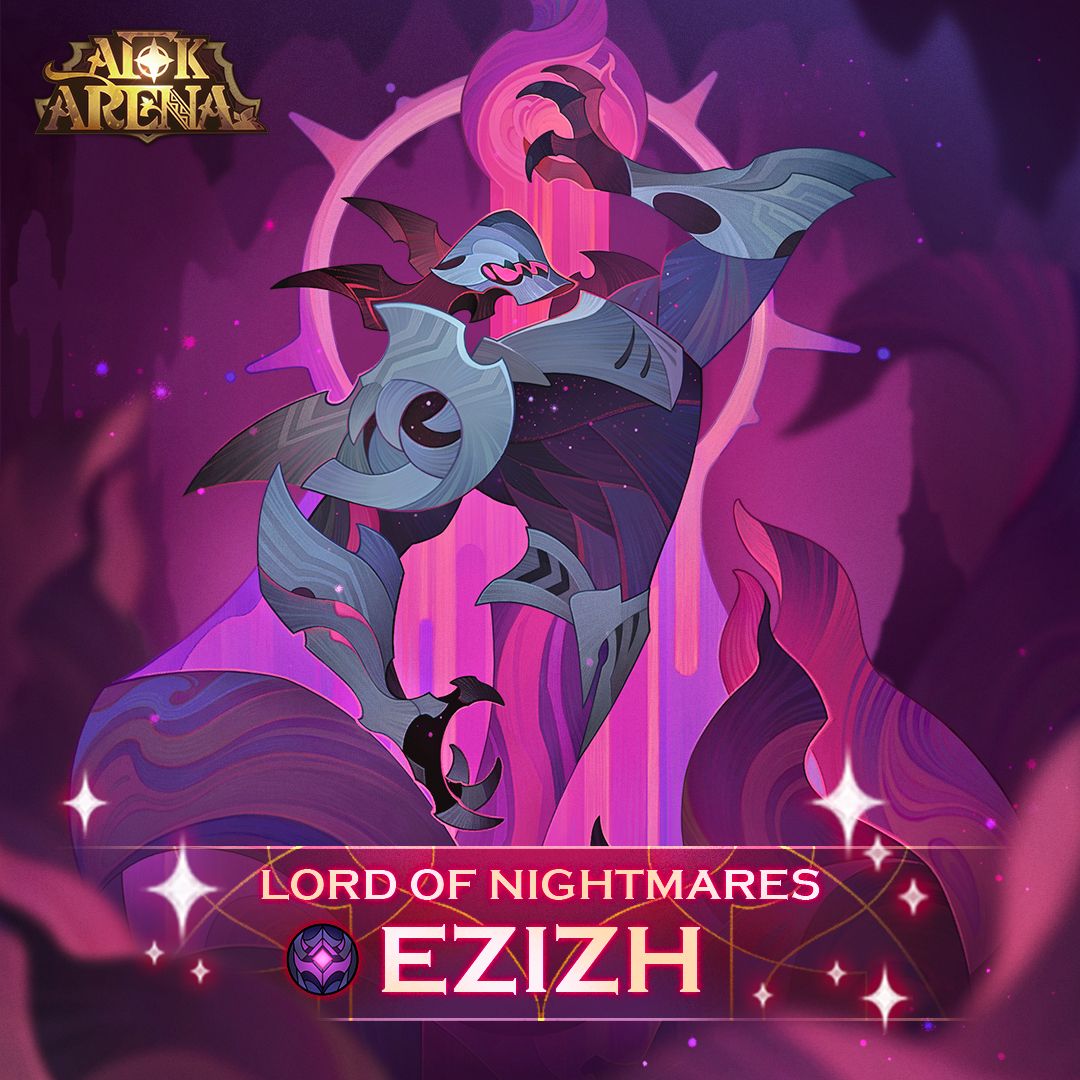 a promotional image for the character ezih, the lord of nightmares, from the game alok arena. ezih is a muscular, armored humanoid figure with purple skin and glowing purple eyes. he is posed in a dynamic stance, with his arms raised and his head tilted back. the background is a swirling vortex of purple and pink energy.