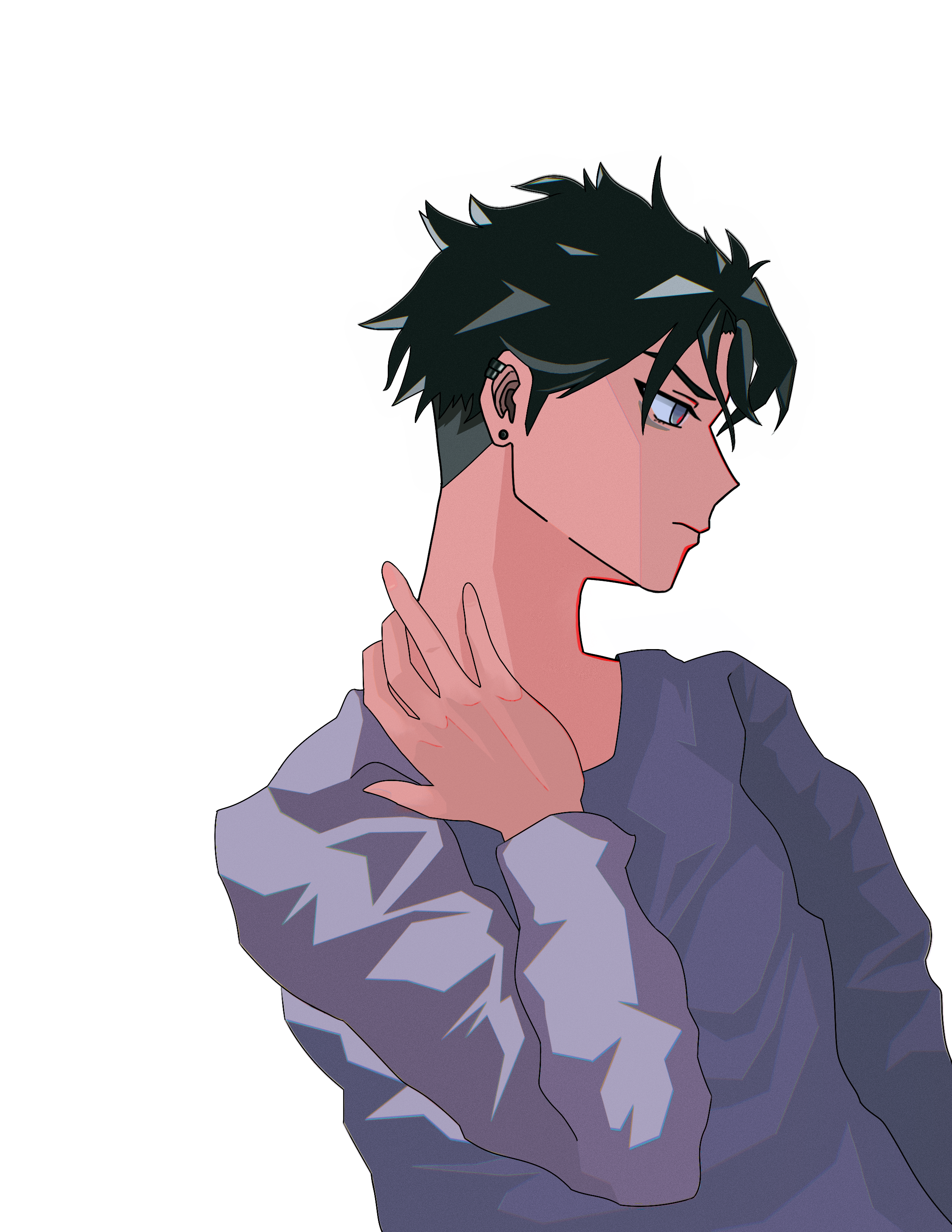 the image is a digital illustration of a young man with short, dark hair styled in an undercut. he has striking purple eyes and a serious expression. he is wearing a loosefitting purple shirt and is shown in a closeup perspective, looking away from the viewer.  he is touching his neck with his hand. the style of the illustration is reminiscent of anime or manga.