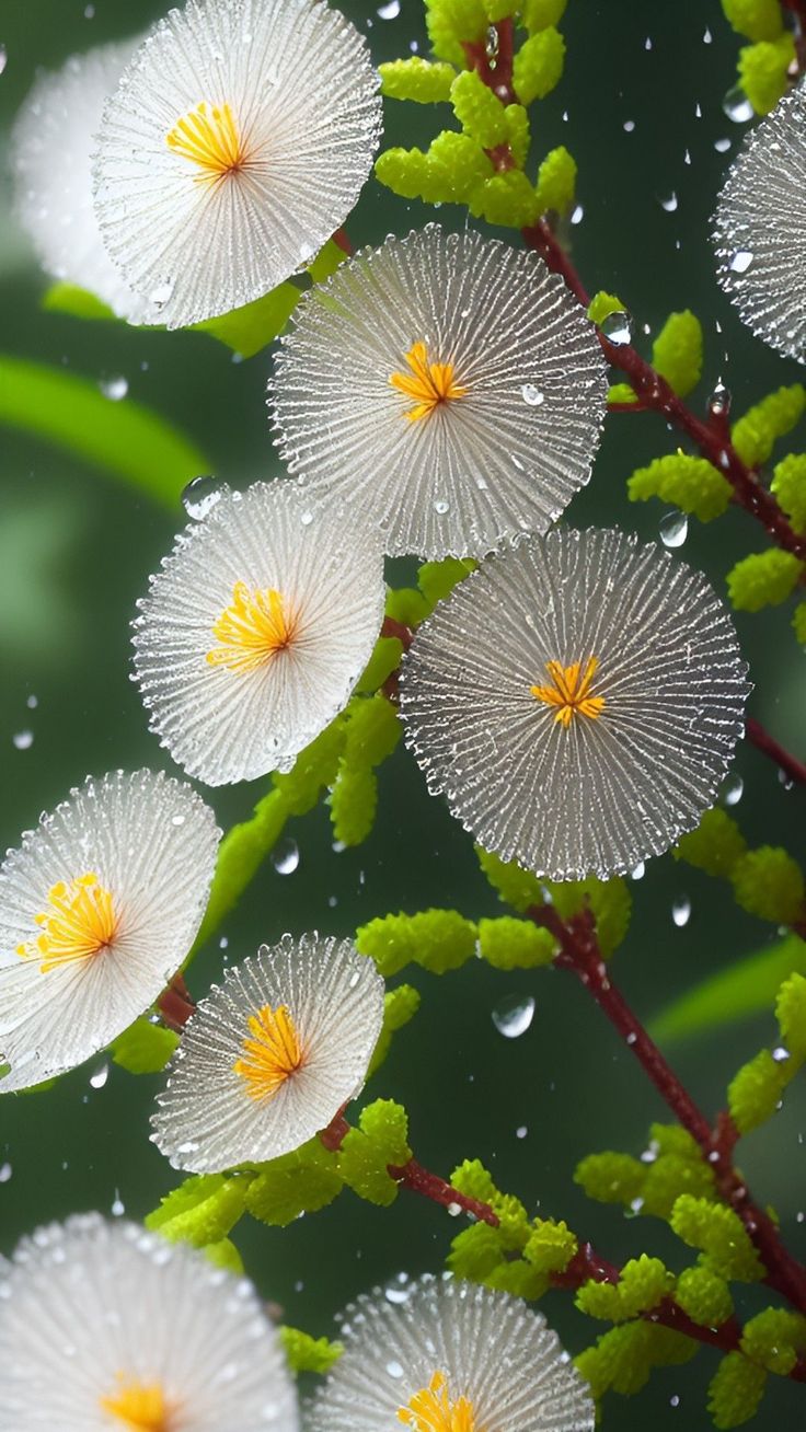the image shows a closeup view of white, flowerlike structures with a yellow center, likely blossoms, with water droplets clinging to their surface. these are arranged on a branch with small green buds and leaves. raindrops are also visible in the background, creating a macro perspective with a focus on nature's details.