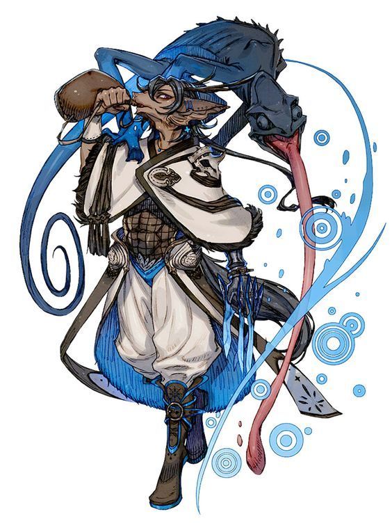 the image showcases a digital illustration of a lizardman, a humanoid reptile, with distinct reptilian features and a chameleon companion. the lizardman stands poised with a confident demeanor, its long blue tongue extended alongside a chameleon whose tail wraps around its arm.  the lizardman is clad in an elaborate ensemble of white, blue, and brown clothing that reflects a blend of cultural aesthetics.