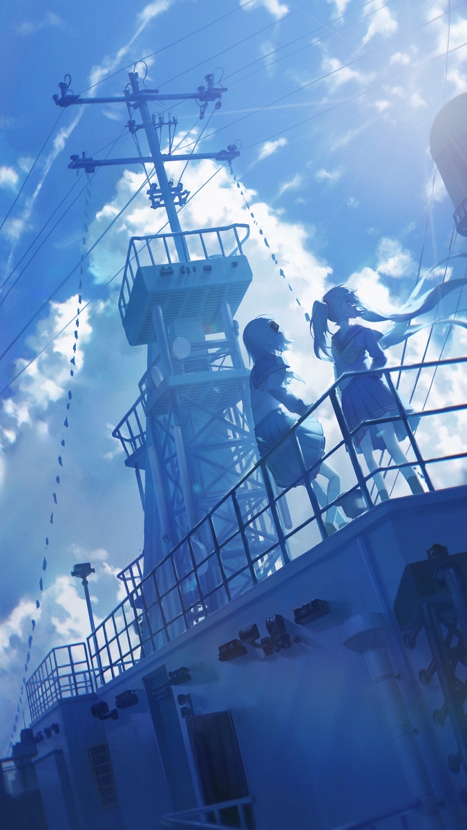 the image is an animestyle illustration of two girls in school uniforms standing on the deck of a ship. the ship has a tall tower with antennas and electrical wires extending upwards against a backdrop of a blue sky with scattered clouds. the view is from a low angle, emphasizing the height of the ship's structure.