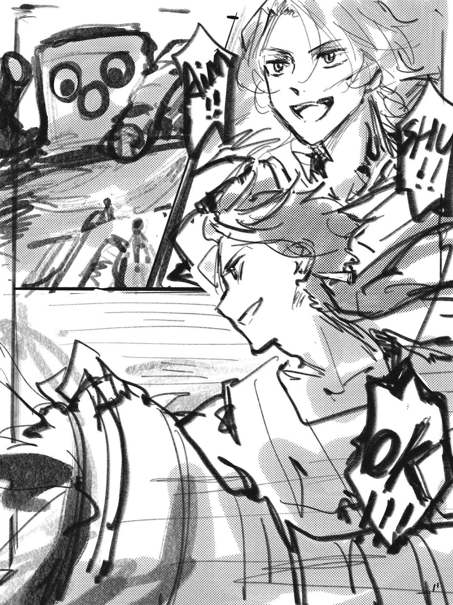 this is a black and white manga illustration featuring two characters engaged in a dynamic, actionpacked scene. the woman on the right is in a fierce pose, her expression determined and her right arm raised in a gesture of striking. the man on the left, partially obscured by the woman, seems to be in a defensive stance. the background shows a robotlike object and other figures in the distance, hinting at a larger conflict or story unfolding. the use of dynamic lines and energetic poses creates a sense of motion and excitement, immersing the viewer in the action of the scene.