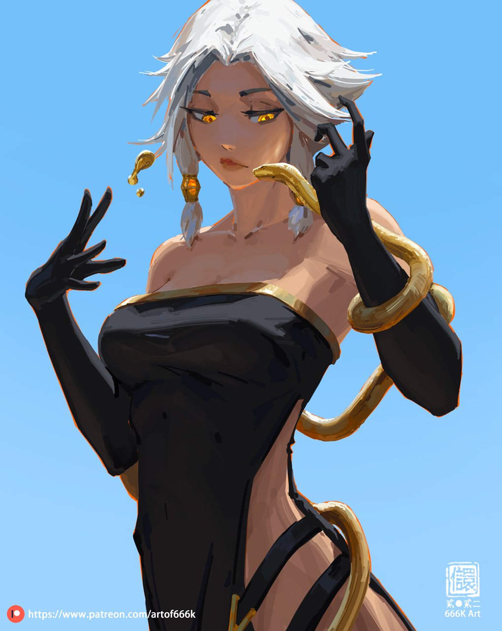 a digital painting of a beautiful animestyle woman with long white hair. she is wearing a black dress and gold jewelry, and a golden snake is wrapped around her arm. she is posing gracefully, and her expression is confident and mysterious. the background is a simple blue sky.
