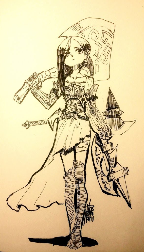 a black and white ink drawing of an anime girl warrior with a sword and axe. the girl is dressed in a long, flowing dress and boots. she is holding a sword in one hand and an axe in the other. the drawing is done in a sketch style and has a lot of detail.