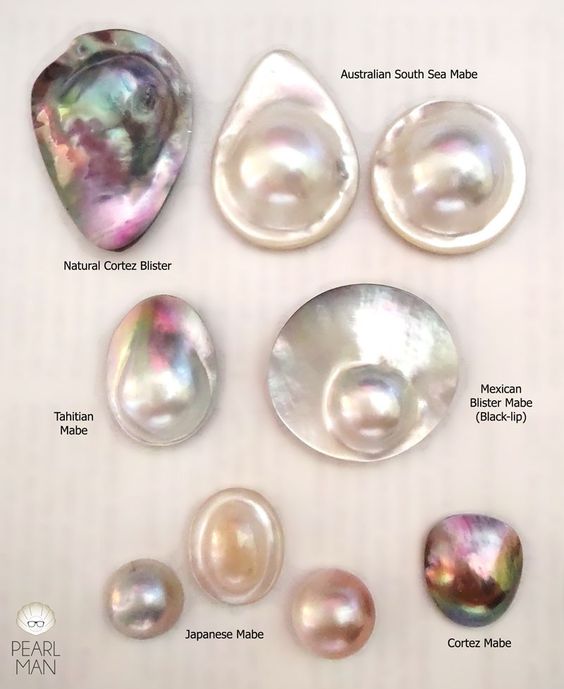 the image showcases a variety of pearls, specifically mabe pearls and blister pearls, originating from different regions like australia, tahiti, japan, mexico, and cortez. each pearl exhibits its unique size, shape, and color, reflecting the characteristics of its origin. the pearls are arranged on a lightcolored background, allowing their iridescent hues to stand out.
