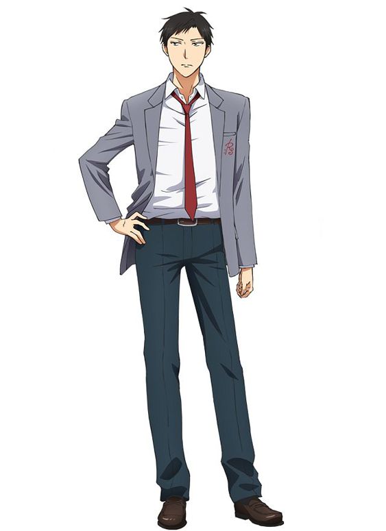 this is an anime illustration of a male character wearing a school uniform, consisting of a gray blazer, a white shirt, a red tie, dark blue pants and brown shoes. the character is standing with a slight pose and looking straight ahead.