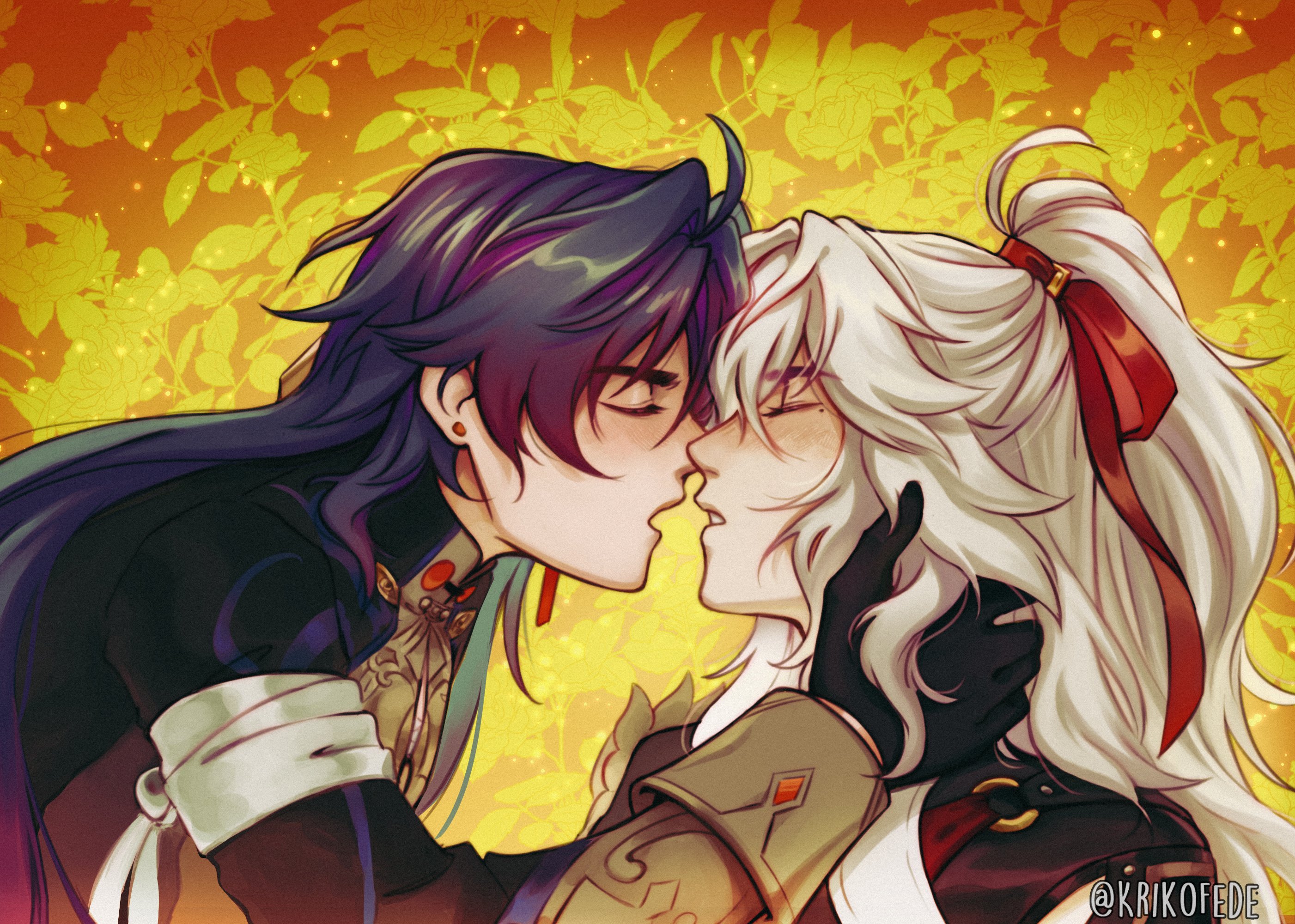this is a digital illustration of two anime men kissing.  the man with dark purple hair is on the left and the man with