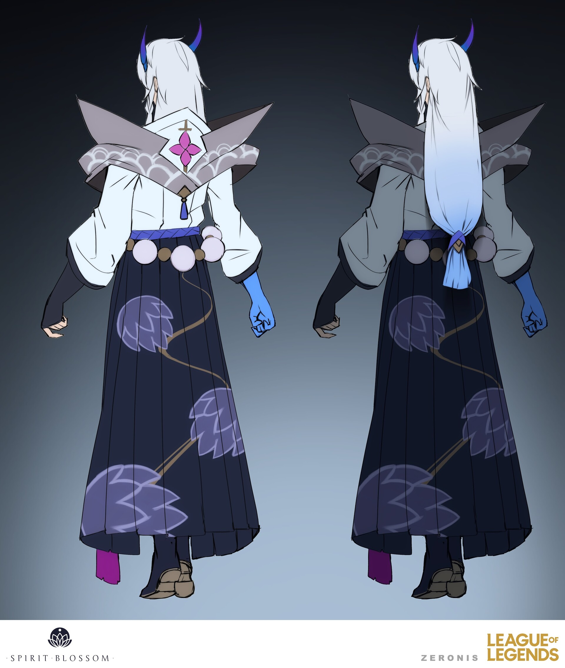 the image presents concept art for a league of legends spirit blossom skin, likely for a female champion. two back views of the character are shown; one with a slightly different hairstyle. the character is dressed in an elaborate outfit inspired by japanese clothing, featuring a white haori (jacket), a dark kimonolike skirt adorned with a hoplike floral pattern, and an obi (sash).  the character also has distinctive demon horns and bluetoned hands.  the style is clean and welldefined, typical of highquality game concept art.  the image includes the “spirit blossom” and “zeroni” labels, suggesting the skin's name and designer.  the league of legends logo is also present.