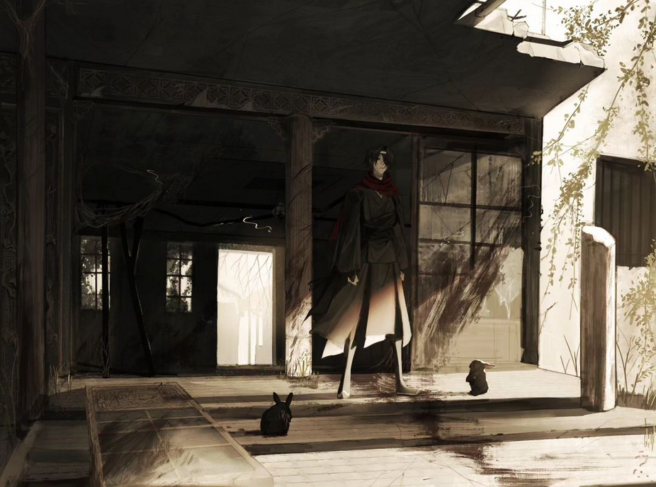 an anime style illustration of a person in a black and red outfit standing in the middle of a ruined wooden building.  the person has black hair,  is facing the left, and has one hand on their hip. there are two black rabbits in the foreground.  there are plants growing up the outside of the building.  the  room is dark but there is light coming in from an open doorway at the back.