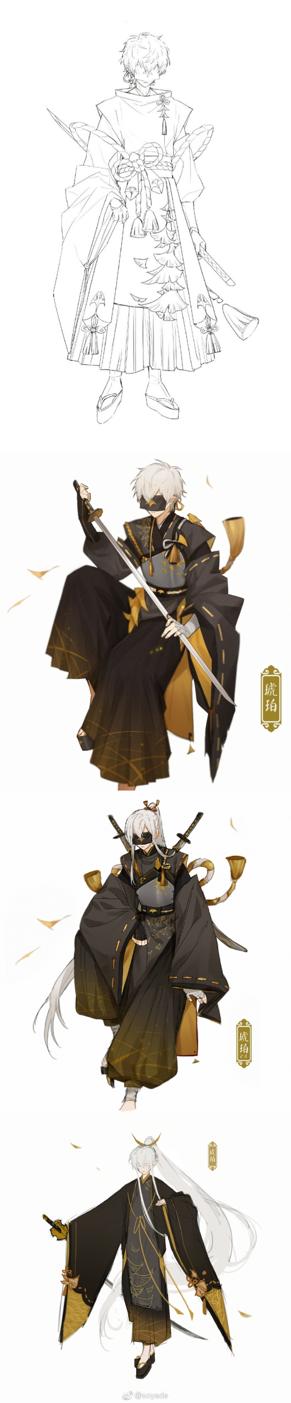 this digital illustration shows a whitehaired anime character in a black robe with gold accents. the character has a sword in hand and looks to be a samurai. the image has a japaneseinspired aesthetic and is done in a fantasy style. the character looks powerful and elegant.
