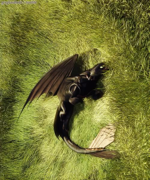 the image shows a black dragon, toothless from how to train your dragon, lying on green grass. the dragon has one wing spread and a tailfin that has a prosthetic on the tail.