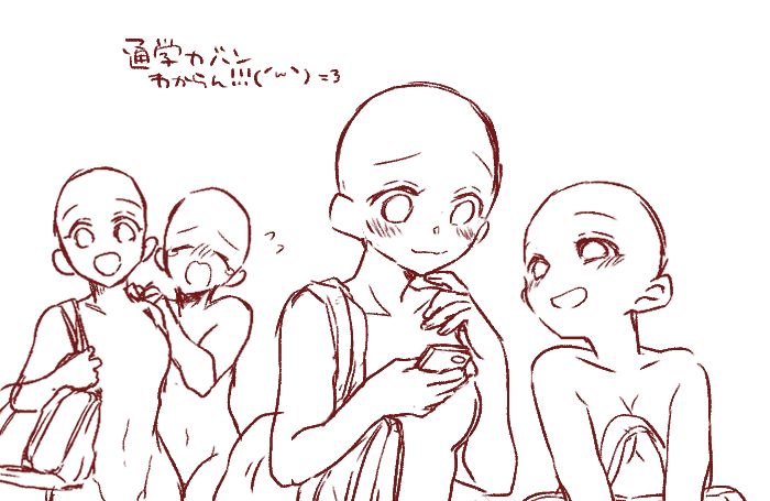 this is a sketch of three anime girls. they are all in different poses, but they all seem to be happy and blushing. the girl in the center is holding a phone, and the girl on the left is holding a bag. the girl on the right is looking at the phone.