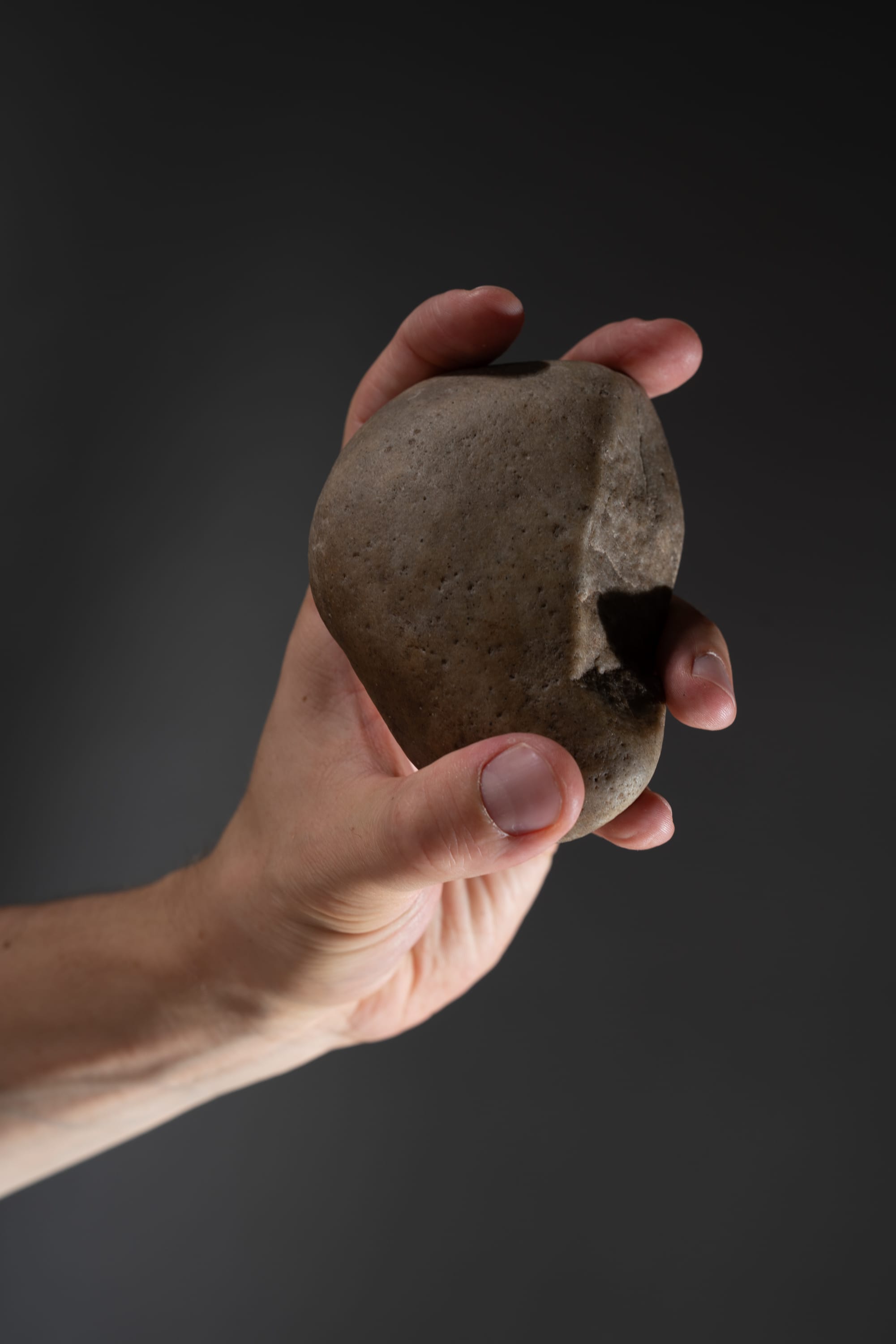 a man's hand holds a brown rock against a dark gray background. the rock is roughtextured and is being held firmly by the hand. the image is lit with studio lighting, highlighting the texture of the rock.