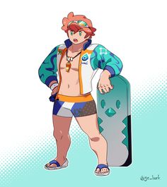 a digital illustration of brassius from pokemon scarlet and violet, standing in a confident pose. he is dressed for swimming, wearing a teal, white and orange jacket, swim trunks, sandals and a necklace with a shark tooth. he is holding a surfboard that resembles a finizen on his right side, and has his left hand on his hip.