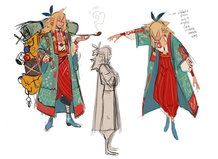 this illustration features three sketches of an elf character. the first sketch shows the elf wearing a colorful robe and a large backpack, holding a pipe. the second sketch is a simple, but detailed, outline of the character. the third sketch shows the elf from a different angle, highlighting a particular feature on the robe. the illustration is created with a whimsical style and evokes a sense of adventure and fantasy.