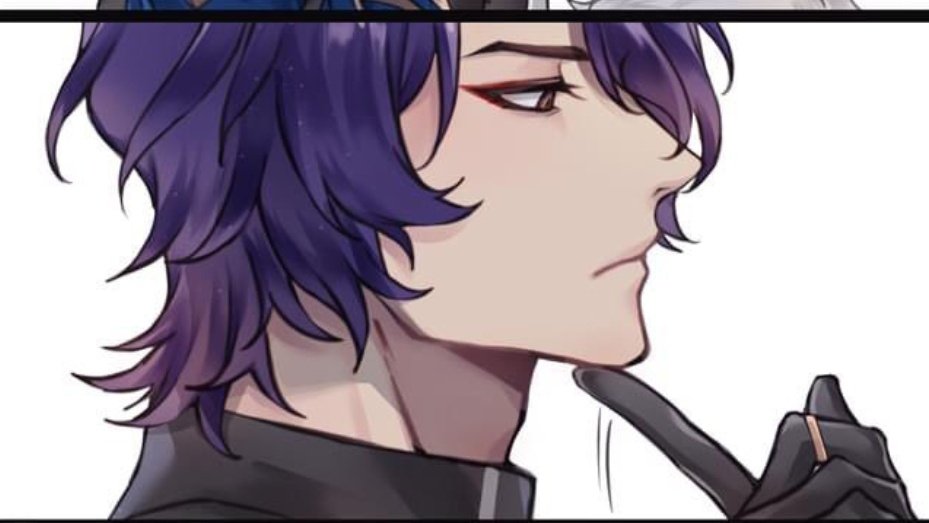 a closeup side view of a young man with purple hair. he has a black shirt on and is wearing black gloves. his hair is long and flowing, and he is looking towards the right. he is smiling slightly and has a kind expression on his face. the background is white.