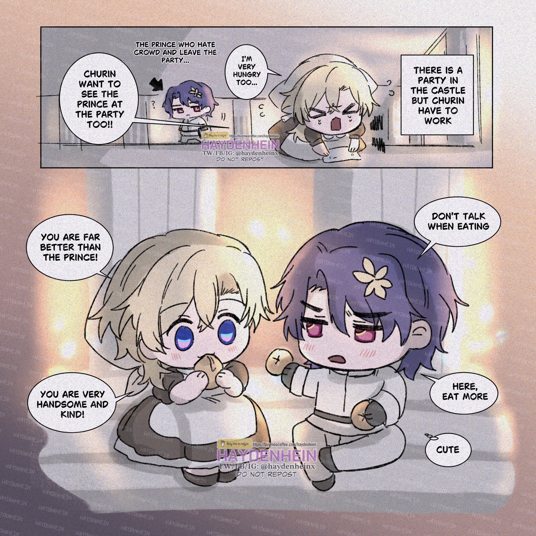 the image is a manga style illustration. the characters are all chibi styled. it shows a blond boy with blue eyes and a whitehaired boy with purple eyes.  the blonde boy is saying that the other boy is far better than the prince. the boy with white hair is saying that the blonde boy is very handsome and kind. the image has a soft pastel color pallet and has a cute style.