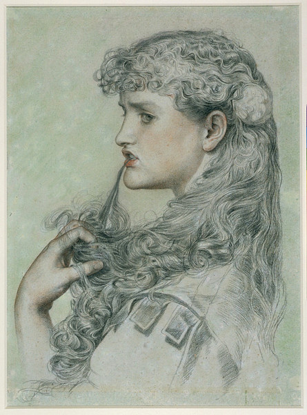 a delicately rendered portrait sketch of a young woman in profile. she has thick, curly hair partially tied back, and she holds a strand thoughtfully to her lips. her expression is serious and contemplative. the drawing is done in a range of grays and whites, with subtle hints of green in the background.