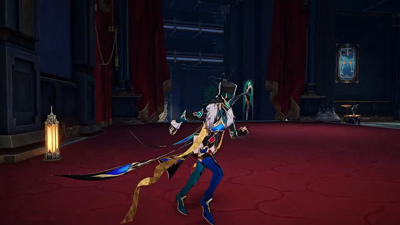 a female video game character in a blue, green, yellow, and black outfit is standing in a red room, holding a blue and black hat. the room has a golden trim and the character has a white bow on their head. the character is in a pose that seems to be in the middle of an action sequence.