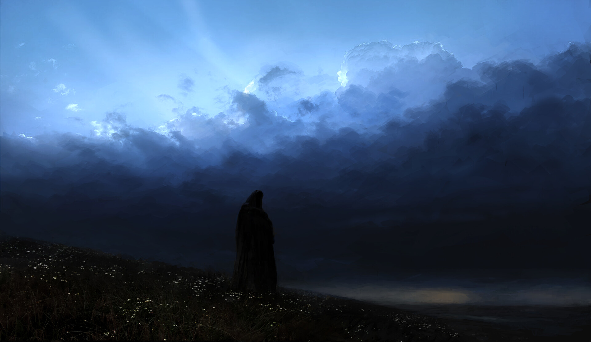 a lone figure shrouded in a dark cloak stands silhouetted against a dramatic sky. the figure is positioned on a hilltop overlooking a field of wildflowers, with the vast expanse of the sky dominating the background. the sun, low on the horizon, casts rays of light through the clouds, creating a sense of awe and mystery. the overall atmosphere is one of solitude and contemplation.