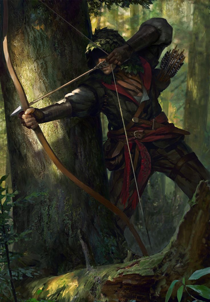 a medieval archer, camouflaged with foliage, stands near a tree in a forest, aiming his bow and arrow. the archer is dressed in leather and dark colors, blending into the surroundings. he has a quiver of arrows on his back. the forest background features trees, greenery, and dappled sunlight.