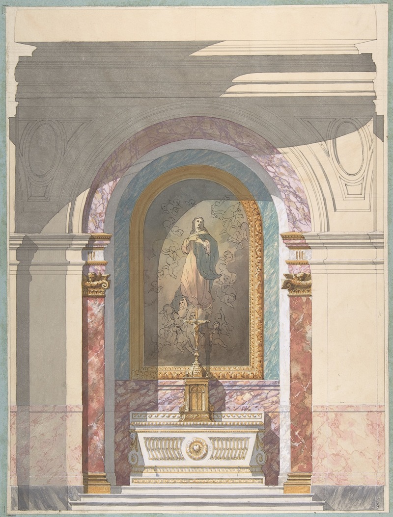 this is an architectural drawing of an altarpiece design, likely for a chapel or church interior. the design includes an altar with a detailed facade, supporting columns with ornate capitals, and a framed religious painting depicting a woman surrounded by angels. the overall aesthetic suggests italian architectural influence, with the use of marble patterns and classical design elements. the rendering is done in watercolor, giving it a soft and detailed appearance. the drawing includes shadowing and lighting, enhancing the depth and realism of the proposed design.