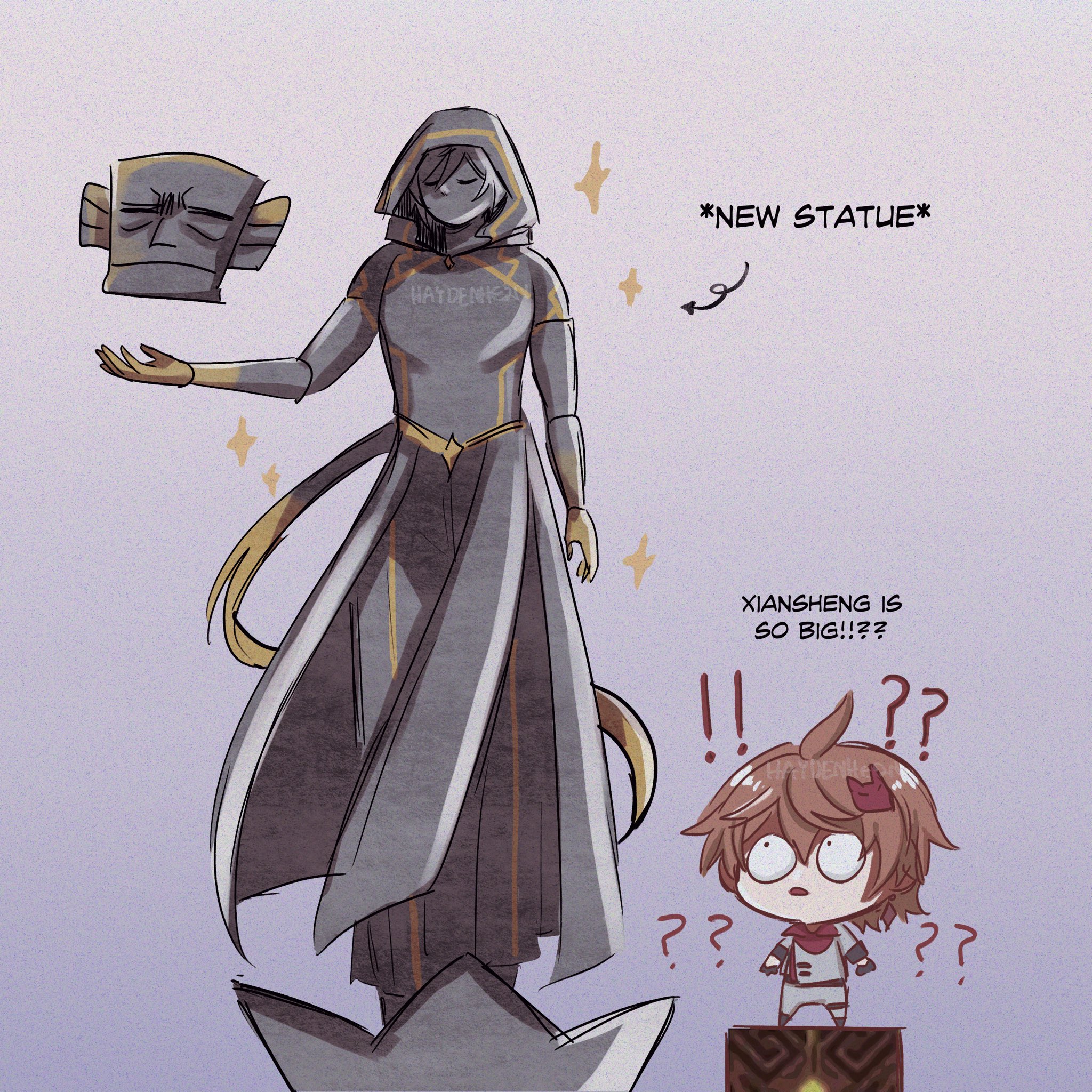 a humorous illustration of a character from the game genshin impact, xiangling, looking up in amazement at the towering figure of zhongli. the image plays on the size difference between the two characters, with zhongli being depicted as a gigantic statue, and xiangling looking incredibly tiny in comparison.