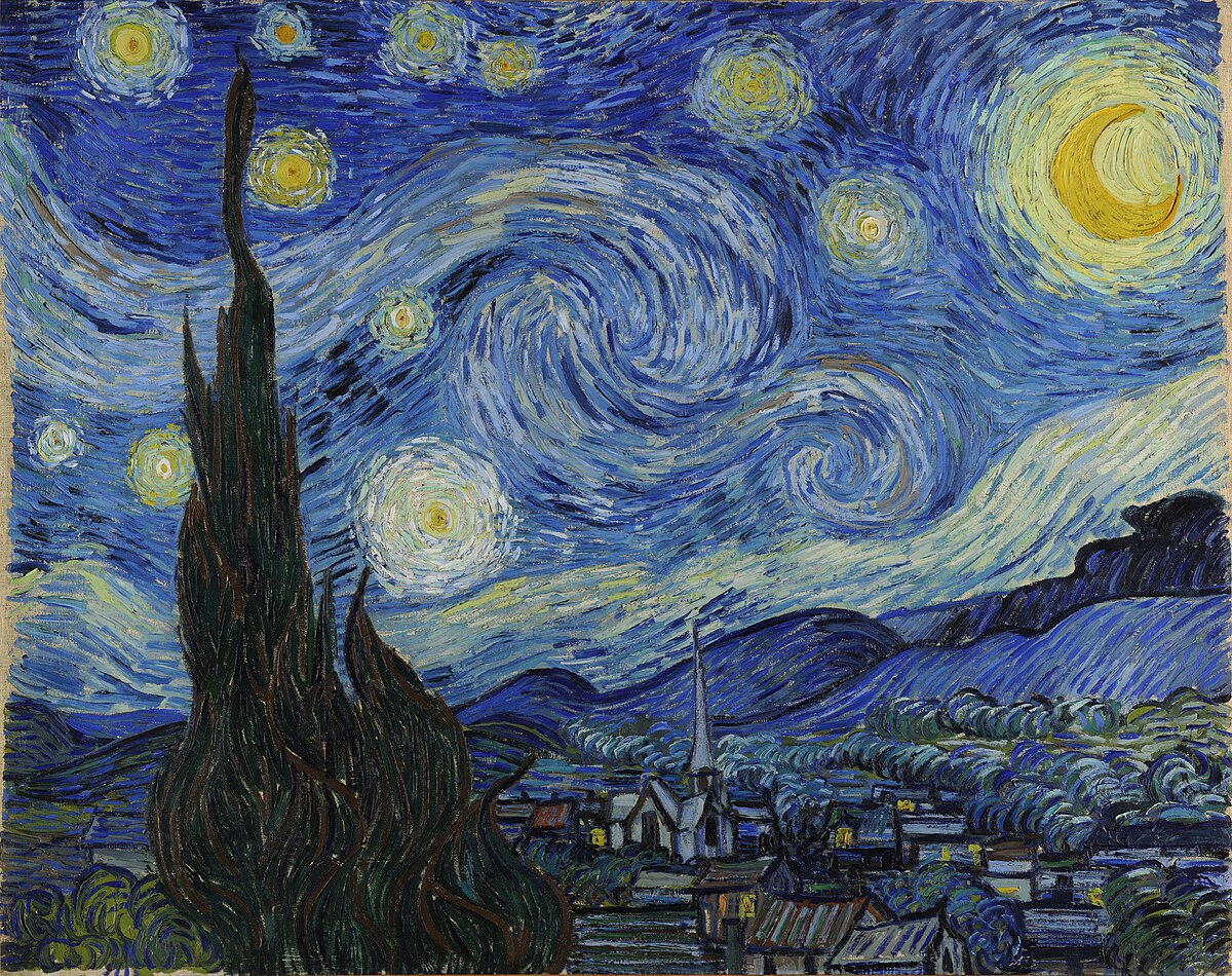 the image is vincent van gogh's famous painting, "the starry night."  it depicts a nocturnal landscape dominated by a vibrant, swirling night sky filled with bright stars and a large yellow crescent moon. the sky's energy is emphasized by thick, impasto brushstrokes in varying shades of blue, yellow, and white.  below the tumultuous sky, a tranquil village with dark silhouettes of houses and a church steeple is visible. a prominent dark cypress tree stands in the foreground, its shape echoing the swirling energy of the heavens above. the overall effect is one of both tranquility and intense emotional expression, characteristic of van gogh's postimpressionist style.