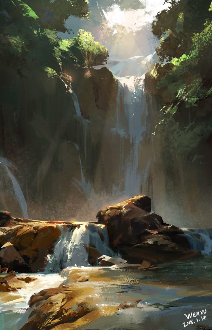 a painting depicts a lush landscape with a waterfall cascading over rocks into a stream. the scene is filled with greenery, including trees and foliage, and sunlight filters through the trees, creating a bright and ethereal atmosphere. rocks are scattered throughout the water, adding texture and depth to the landscape. the water itself appears to flow smoothly and gracefully, reflecting the surrounding scenery. the overall impression is one of natural beauty and tranquility.