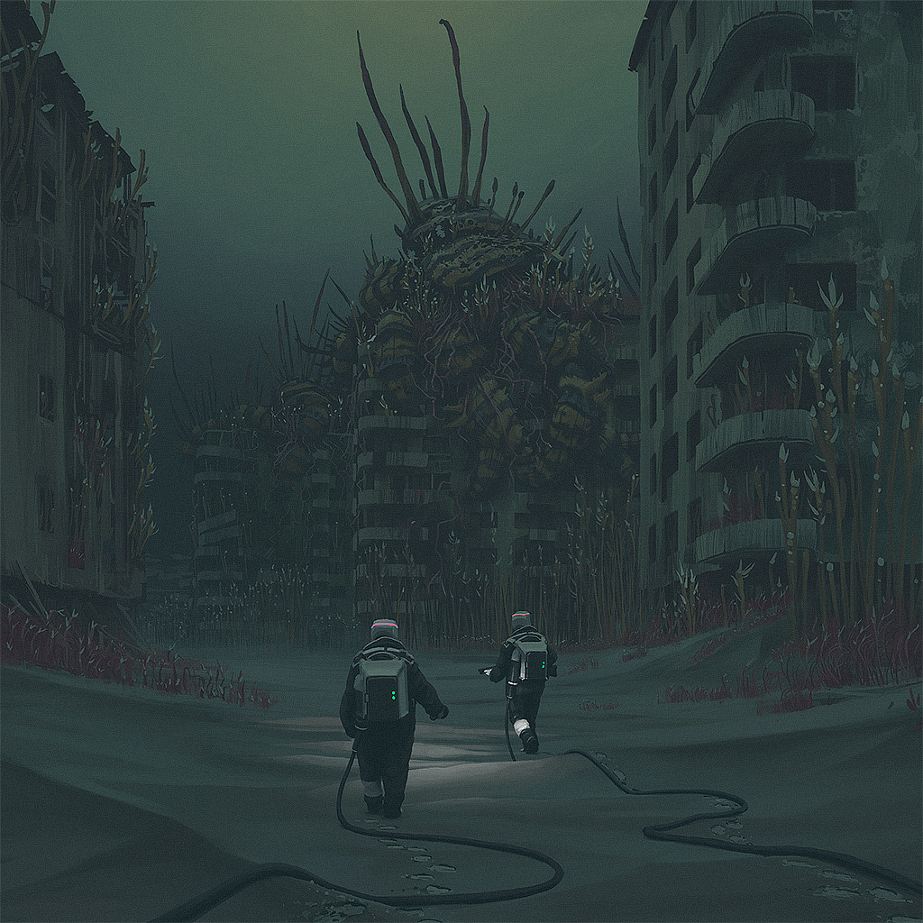 two astronauts in space suits walk away from a monstrous, overgrown creature that has taken over a decaying, abandoned city. the scene is dark and atmospheric, suggesting a hostile environment that is both alien and familiar. the astronauts are exploring the ruins, their footsteps leaving a trail in the snow. the creature lurks in the background, a silent, ominous presence.