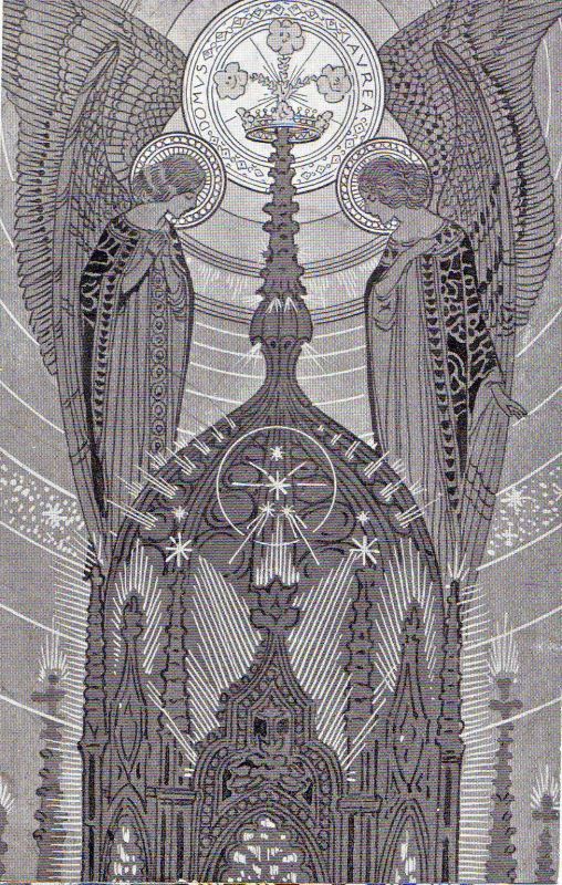 the image is a vintage religious illustration in grayscale featuring two angels flanking a cathedrallike structure. the angels have large wings and halos, and they appear to be in a posture of reverence. a crown rests atop a tall, slender spire emerging from the cathedral structure. above the crown, there is a circular emblem with floral designs and text "domvs avrea." the cathedral structure is adorned with gothic spires and archways, with beams of light emanating from it. the style of the illustration is reminiscent of late 19th or early 20thcentury religious art.