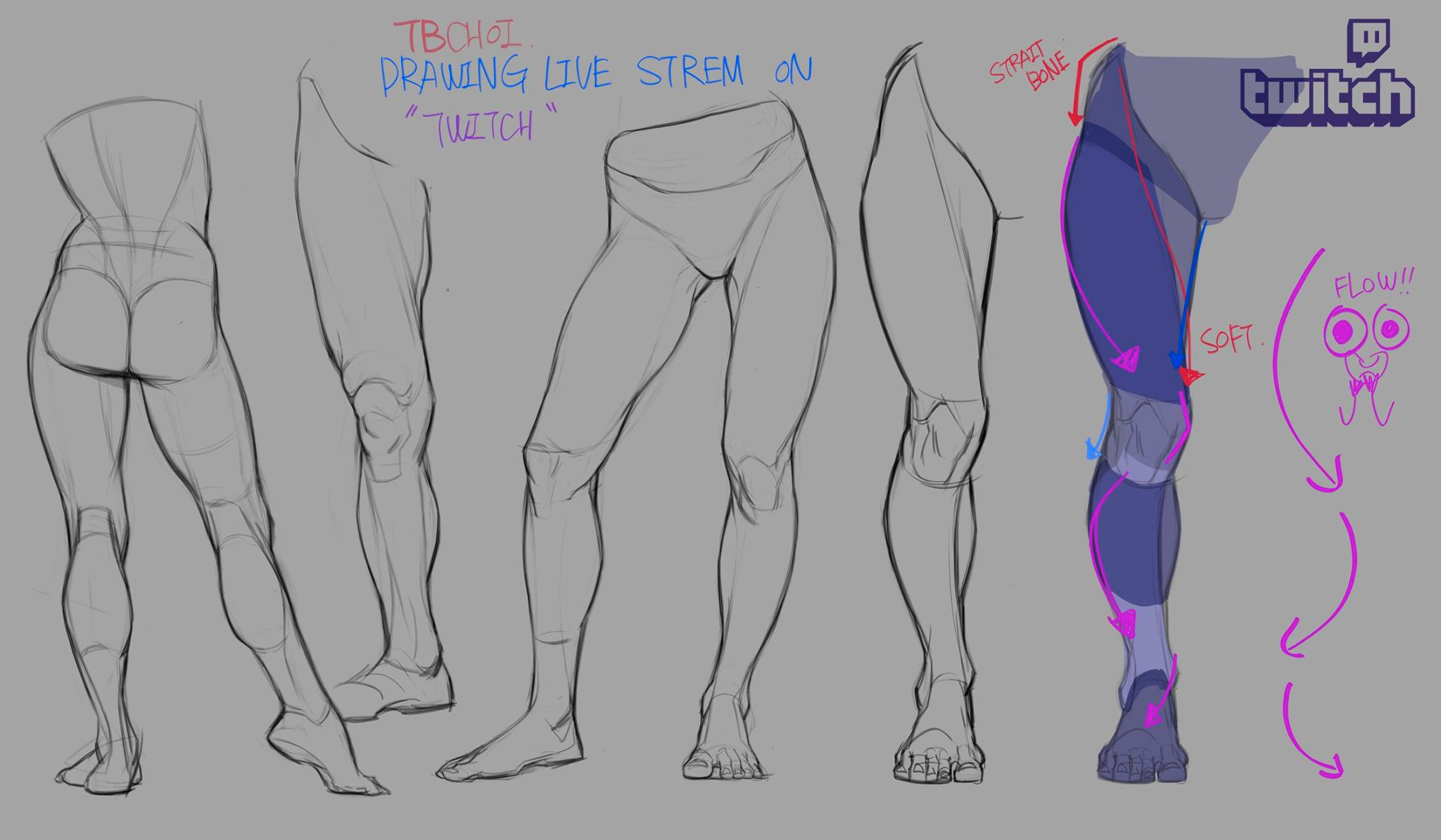 he image is a digital drawing tutorial by artist tbchoi, showcasing different views of female legs and the underlying anatomy.  it's part of a live stream on twitch. the tutorial includes several sketches of legs from various angles, highlighting the shapes and forms of the muscles and bones.  annotations indicate the "straight bone," "soft" tissue areas, and the general flow of the leg's form. the image includes the twitch logo, indicating where the tutorial was originally presented. the style is a loose, expressive sketch style typical of live drawing sessions.