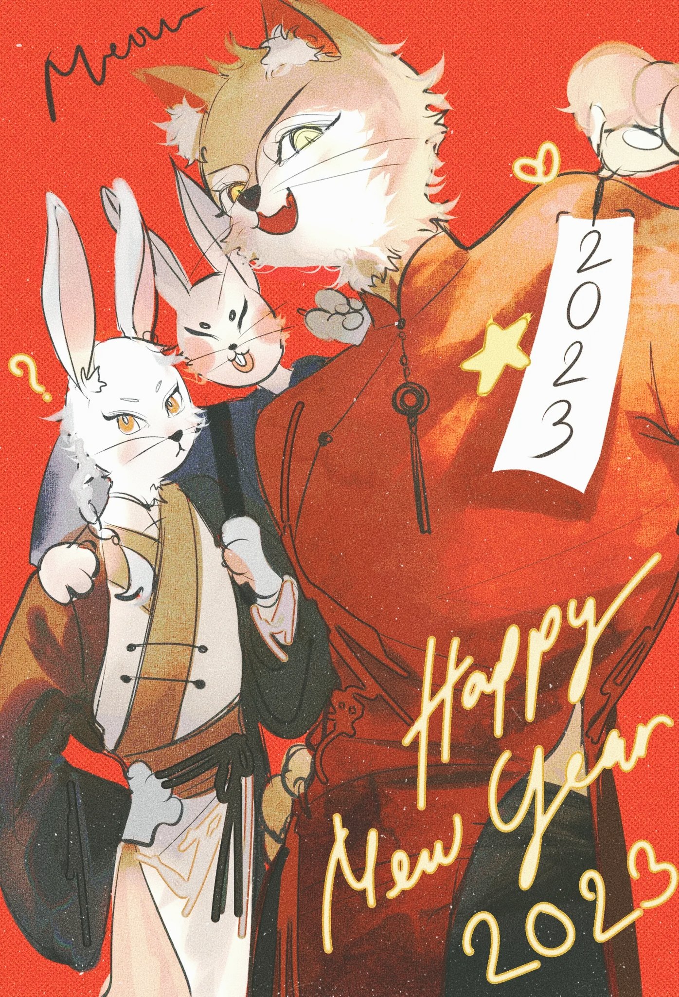 a whimsical illustration depicting a cat and two rabbits dressed in traditional chinese clothing, celebrating the chinese new year 2023. the main focus is a stylized cat wearing a red outfit, with a "2023" label and "happy new year" text. the rabbits are positioned alongside the cat, adding to the festive atmosphere. the overall style is cartoonish with soft lines and color palettes. the red background enhances the celebratory mood.