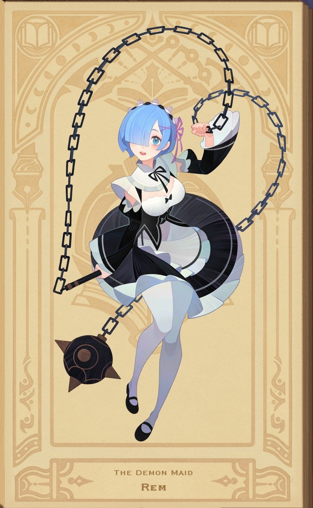 an animestyle illustration of rem from the series re:zero, depicted in a digital card format. she's dressed in her signature black and white maid outfit, holding a flail with chains. the background is a cream color with ornate gold borders, resembling a playing card or decorative panel.  she has a cheerful expression and is striking a dynamic pose.