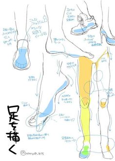 the image is a drawing tutorial on how to draw legs and feet from different angles. it is in japanese and features several sketches of legs and feet in various positions, with accompanying notes and arrows indicating key anatomical features and drawing techniques. the style is loose and illustrative, focusing on capturing the form and movement of the legs rather than precise detail. the linework is primarily blue and black, with yellow highlighting certain areas.