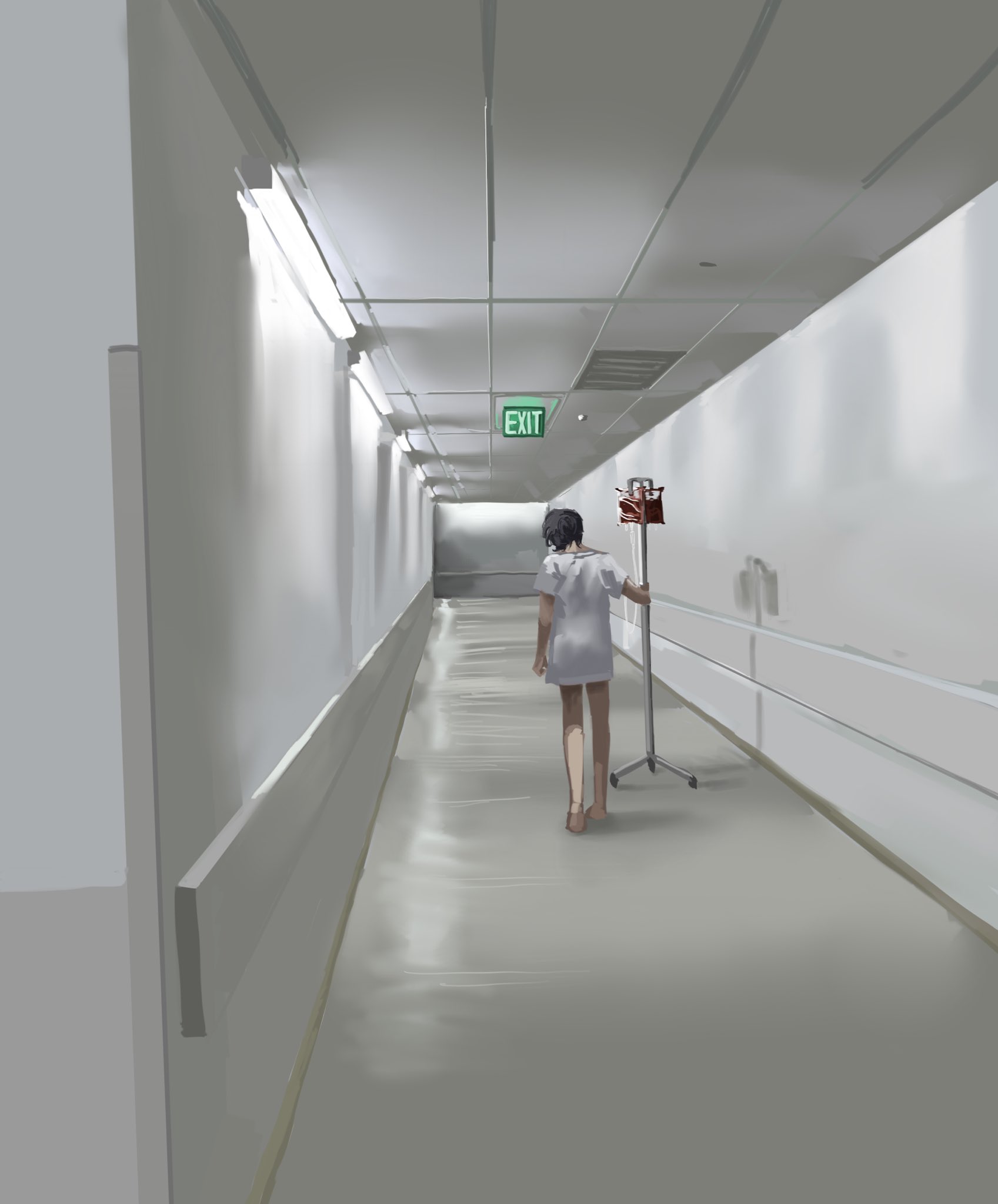 a lone nurse walks down a long, sterilelooking hospital hallway. the fluorescent lights cast a cool, clinical glow on the white walls. the nurse is pushing an iv drip stand and her figure is small against the long corridor, emphasizing the emptiness of the space.