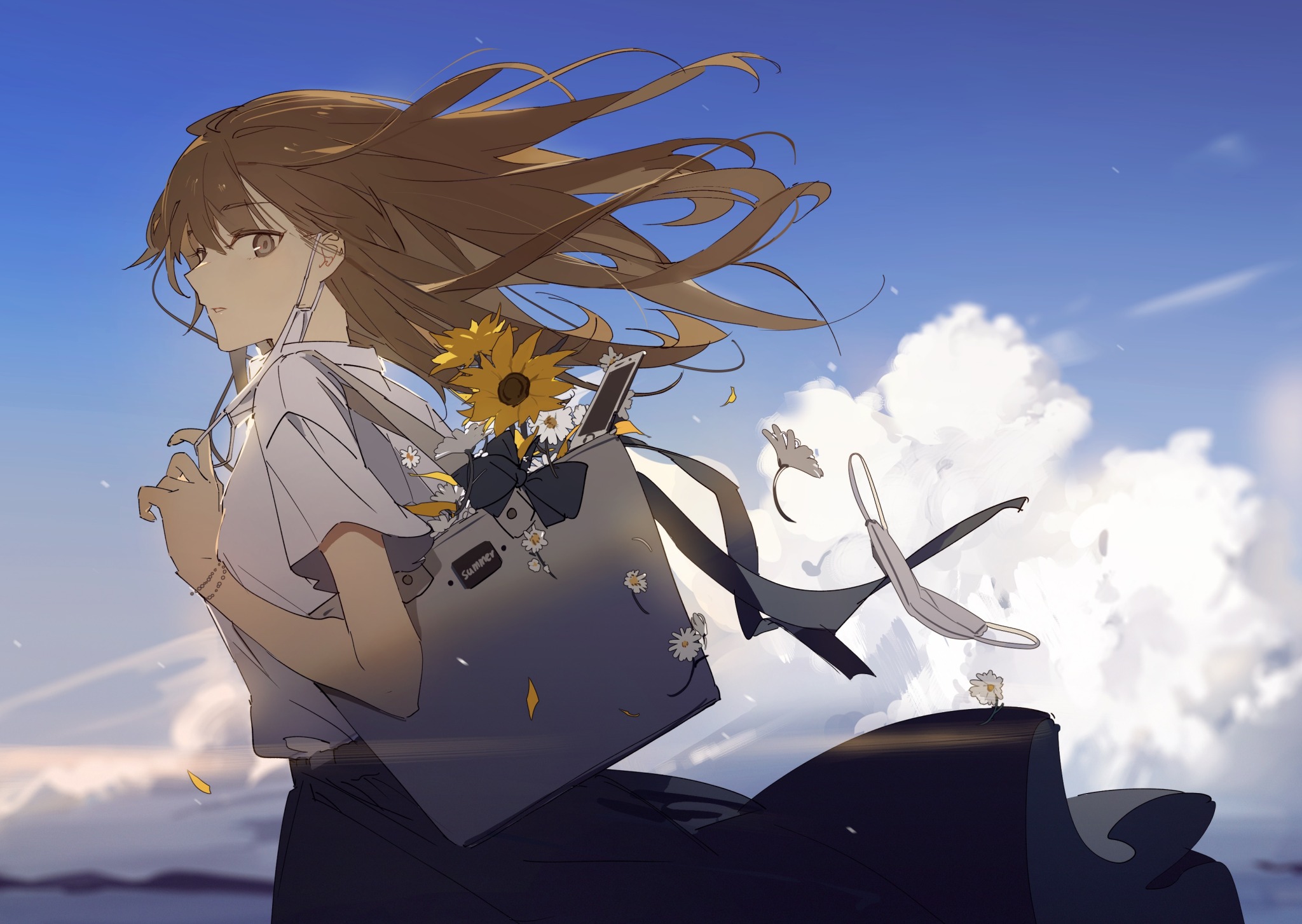 an anime girl with brown hair stands against a backdrop of blue sky and fluffy white clouds. her hair is blown by the wind. she is wearing a school uniform and carries a backpack adorned with sunflowers, daisies, and a bow. a face mask is flying in the air, suggesting a sense of freedom or release. the landscape in the background suggests a peaceful, summery day.