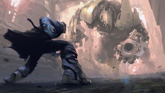 in a crumbling, dusty cityscape, a lone warrior charges towards a massive, mechanized foe. the man, clad in dark, flowing attire and armored boots, leaps through the air, his right arm encased in a glowing, futuristic gauntlet. the behemoth machine, a towering automaton of metal and weaponry, dominates the background, its form partially obscured by dust and debris. the scene is bathed in the warm, dramatic glow of a setting sun, casting long shadows and highlighting the destruction around them.