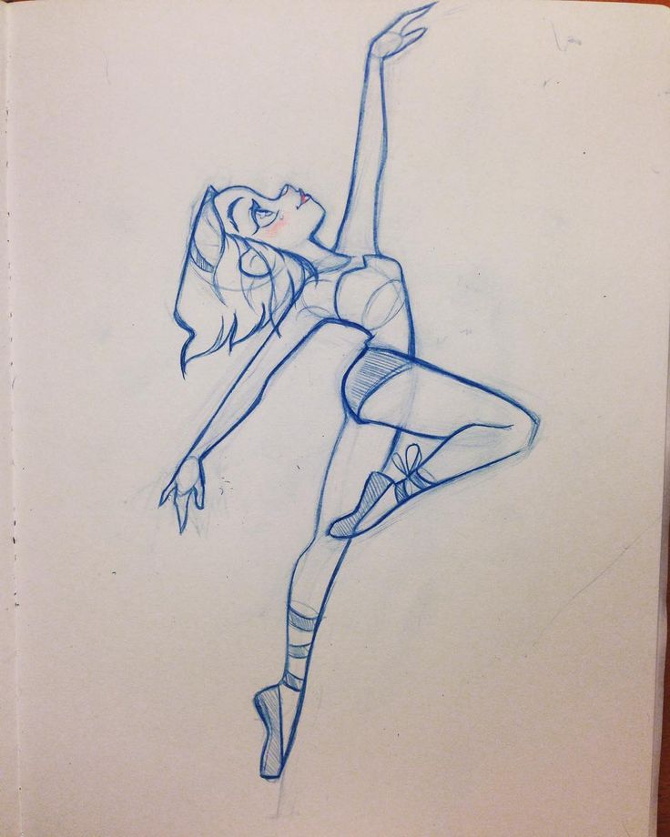 this is a blue pen sketch of a ballerina in midair. the ballerina has her arms outstretched and is wearing a leotard with a ribbon on her right foot. the sketch is on a page of a notebook.