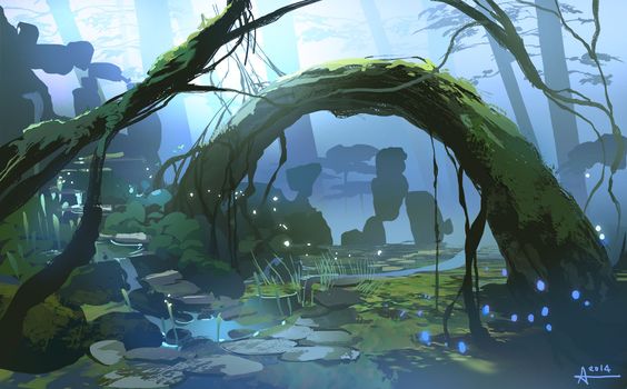 this is a fantasy painting of a forest scene. a softlylit stream winds its way through a dense and verdant forest. the dominant colors are shades of blue and green. the artist utilizes a wide angle perspective to immerse the viewer in the scene. two large trees in the foreground form a natural archway over the stream.  tiny points of light suggest magic or fireflies, enhancing the mystical feel.  the scene is peaceful and inviting.