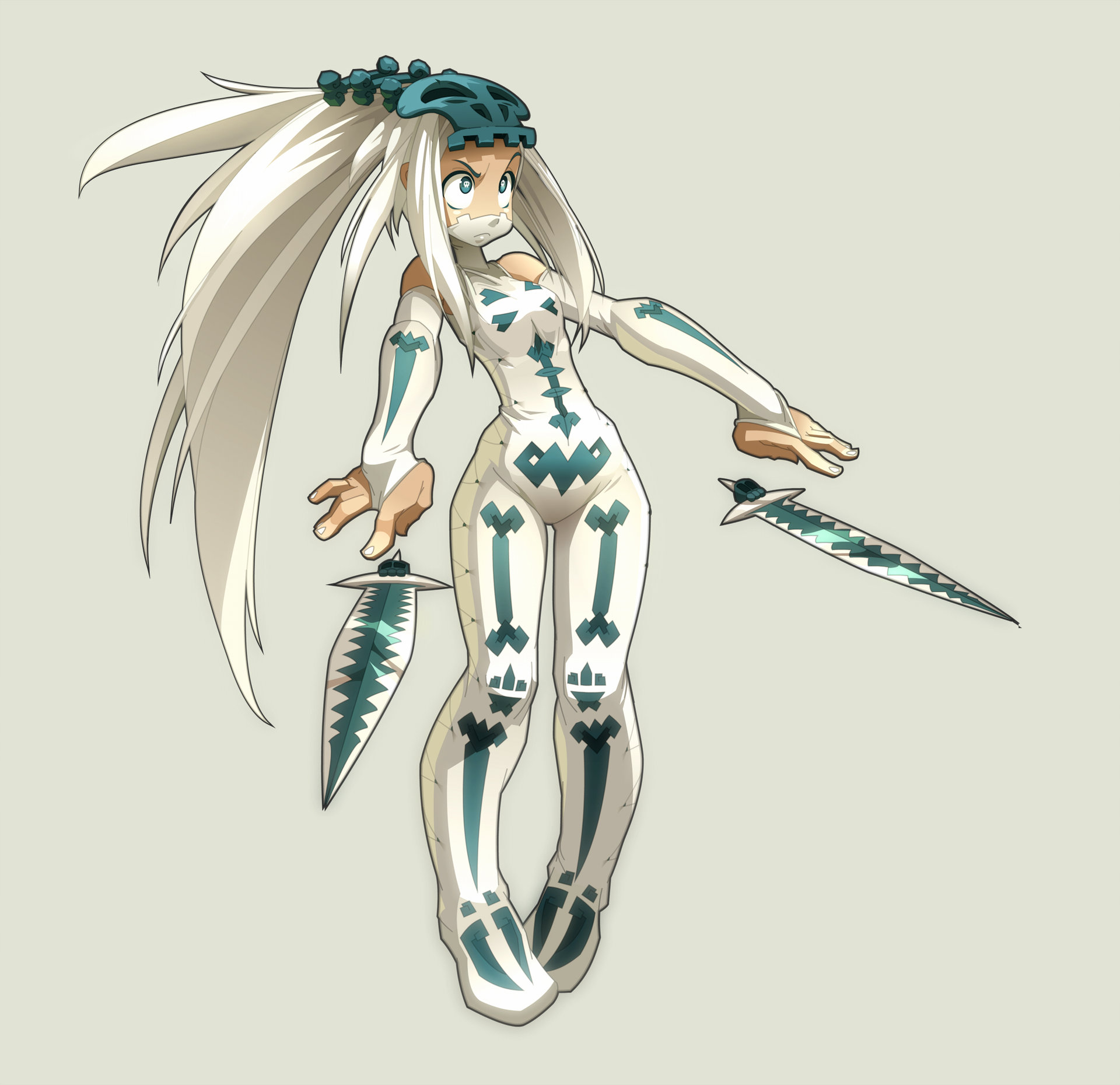 this is a digital illustration of a young woman, dressed in an ornate, skeletal themed outfit, with a skull mask and long white hair. she is holding two swords in a fighting stance. the background is a simple white.