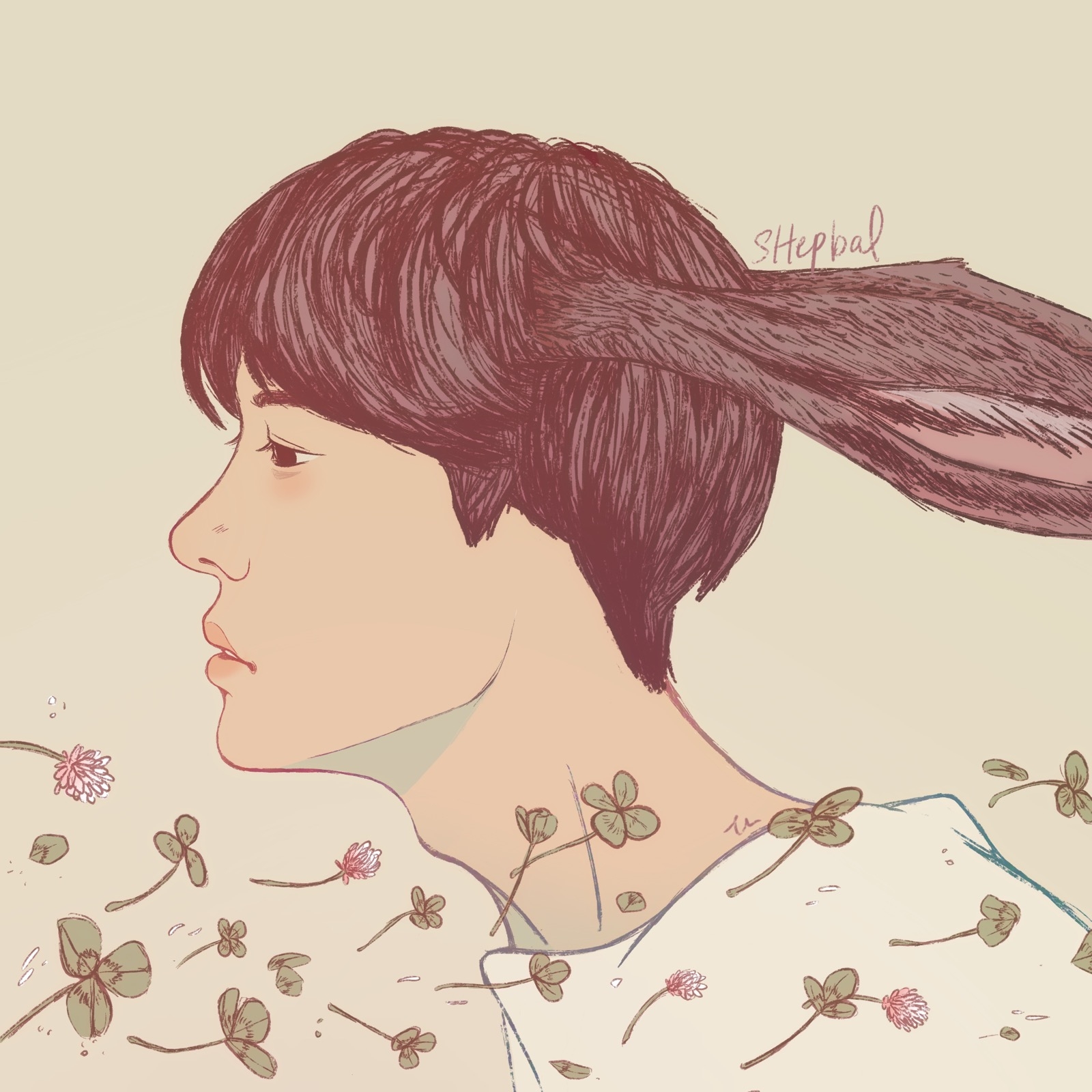 a stylized drawing of a young man from the shoulders up, facing left in profile. he has short, dark hair and a delicate appearance. large, stylized rabbit ears extend from behind his head, blending into his hair.  he has a fourleaf clover tattoo on the right side of his neck. the background is a pale, warm cream color, and stylized clovers and a few pink clover flowers are blowing around him as if caught in a gentle wind. the overall effect is whimsical, soft, and peaceful.