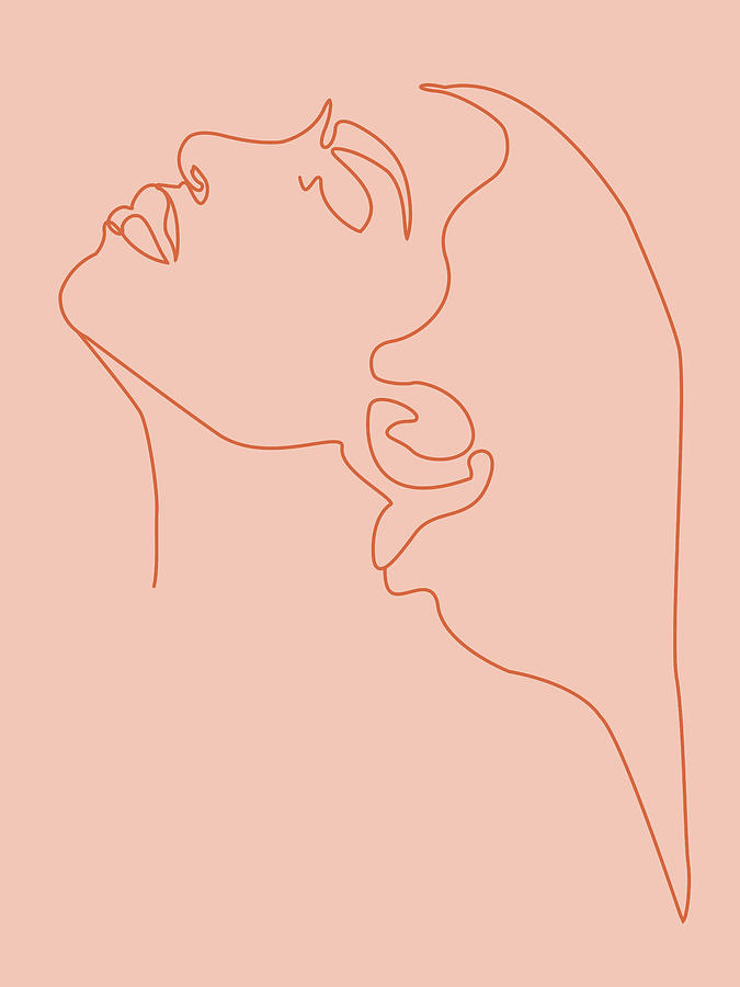 a terracottacolored line drawing on a light pink background depicts a woman's face and neck. her head is tilted back as if in repose, and only a single earring adorns her ear. the entire image is created with one continuous line.
