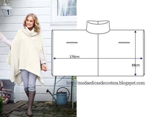 the image shows a woman wearing a creamcolored cowl neck cable knit poncho with grey jeans and brown boots. beside her is a diagram with measurements (176cm and 88cm) of the poncho design. the image also includes a website address related to sewing and knitting, suggesting this is a tutorial or pattern.
