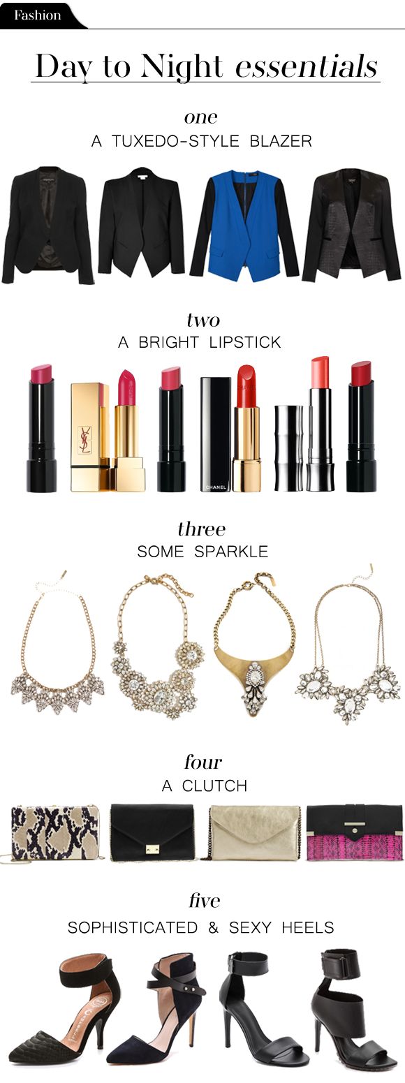 the image presents a collection of fashion essentials labeled "day to night essentials." it showcases five categories: "a tuxedostyle blazer" with four blazer options, "a bright lipstick" featuring a variety of lipstick colors and brands, "some sparkle" with four different necklaces, "a clutch" showing four clutch designs, and "sophisticated & sexy heels" displaying four pairs of high heels. the layout suggests a guide for transitioning an outfit from daytime to nighttime.